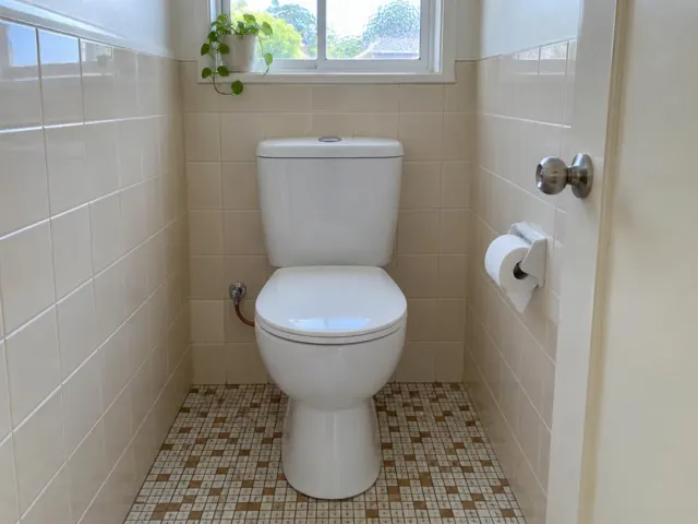 Clean white toilet in a tiled bathroom with a small window and potted plant in Cronulla