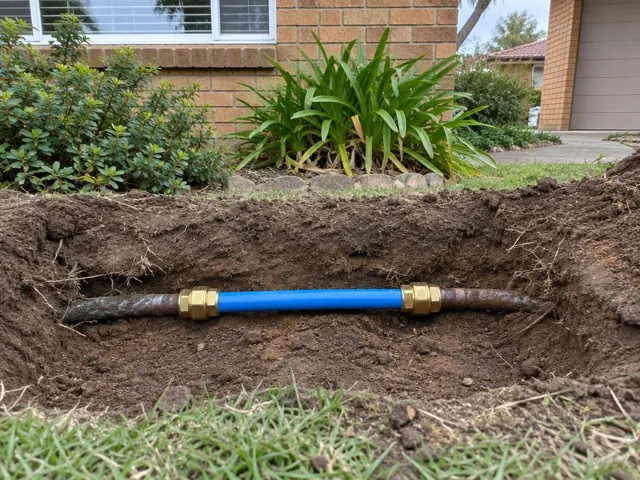 Exposed repaired water pipe in a garden trench beside a brick house and lawn in Gymea Bay