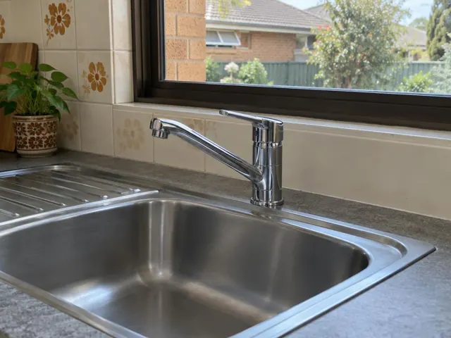 Chrome kitchen sink tap over a stainless steel sink beside tiled splashback and window in Caringbah South